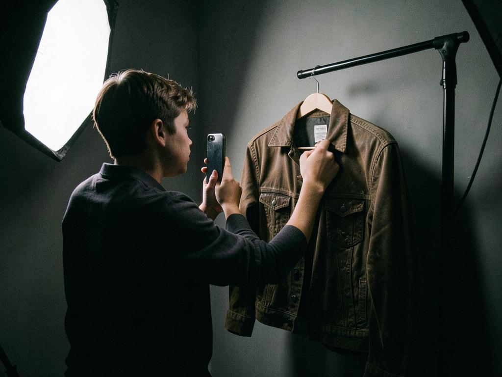 A seller photographing a vintage jacket